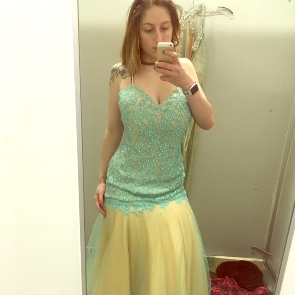 A blue sequenced dress